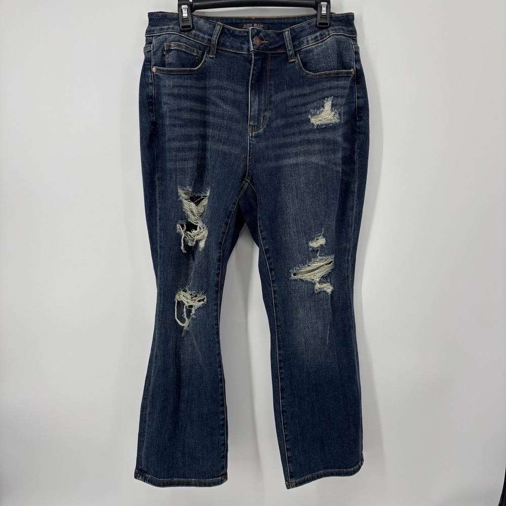Judy Blue Plus Size Midrise Straight‎ Leg Distressed Denim Jeans Blue 14W